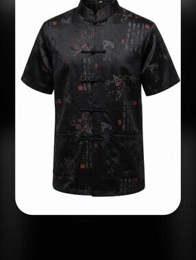 Black Satin Mandarin Collar Top with Subtle Red Floral Print